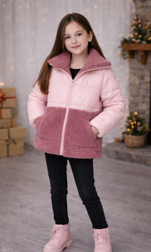 جاكيت بناتي شتوي مبطن فرو بتصميم دافئ 5011  - زهر