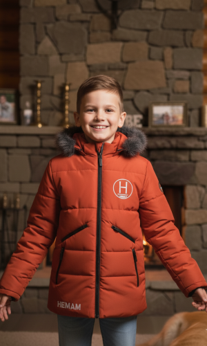 جاكيت شتوي مبطن بالفرو الناعم للأطفال 5107 - قرميدي