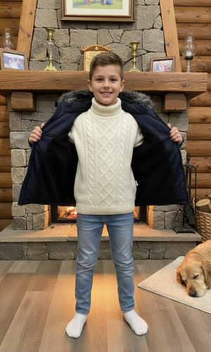 جاكيت شتوي مبطن بالفرو الناعم للأطفال 5107 - كحلي