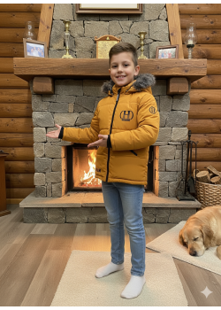 جاكيت شتوي مبطن بالفرو الناعم للأطفال 5107 - اصفر