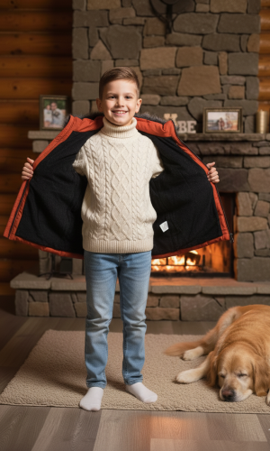 جاكيت شتوي مبطن بالفرو الناعم للأطفال 5107 - قرميدي