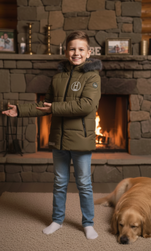 جاكيت شتوي مبطن بالفرو الناعم للأطفال 5107 - زيتي