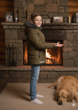 جاكيت شتوي مبطن بالفرو الناعم للأطفال 5107 - زيتي