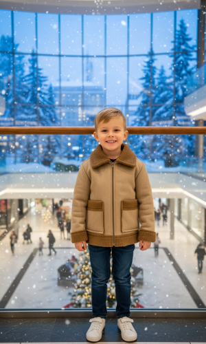 جاكيت أطفال بتصميم كلاسيكي مبطن بالفرو 5117  - بيج