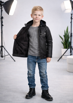 جاكيت ولادي مبطن فرو مع كبيشون 5118 - اسود