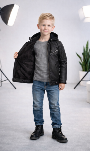 جاكيت ولادي مبطن فرو مع كبيشون 5118 - اسود