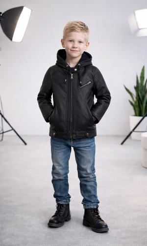 جاكيت ولادي مبطن فرو مع كبيشون 5118 - اسود