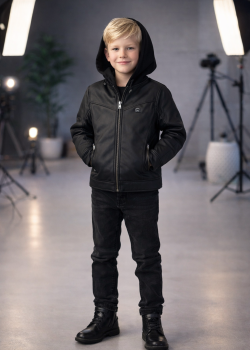 جاكيت ولادي مبطن فرو مع كبيشون 5119  - اسود