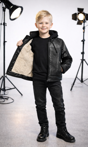 جاكيت جلد ولادي مبطن فرو مع كبيشون 5120  - اسود