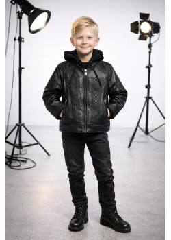 جاكيت جلد ولادي مبطن فرو مع كبيشون 5120  - اسود