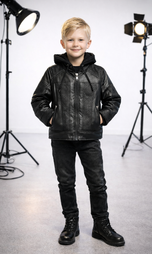 جاكيت جلد ولادي مبطن فرو مع كبيشون 5120  - اسود