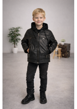 جاكيت جلد ولادي مبطن فرو مع كبيشون 5121  - اسود