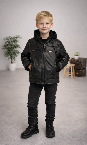 جاكيت جلد ولادي مبطن فرو مع كبيشون 5121  - اسود