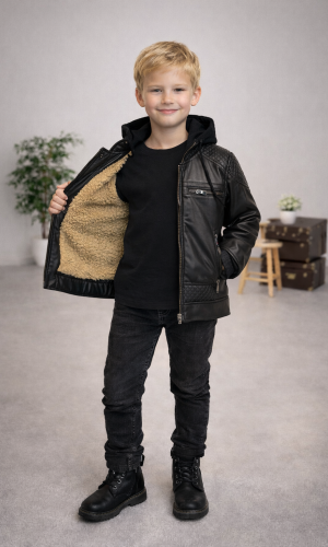 جاكيت جلد ولادي مبطن فرو مع كبيشون 5121  - اسود