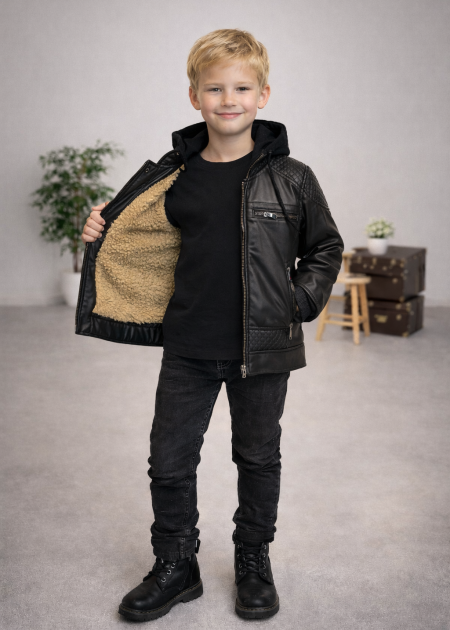 Boys' Leather Jacket with Fur Lining and Hood 5121 - black
