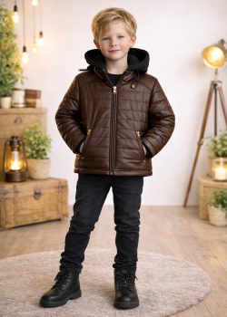 جاكيت ولادي مبطن فرو مع كبيشون 5122  - بني