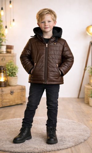 جاكيت ولادي مبطن فرو مع كبيشون 5122  - بني