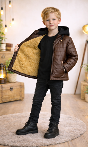 جاكيت ولادي مبطن فرو مع كبيشون 5122  - بني