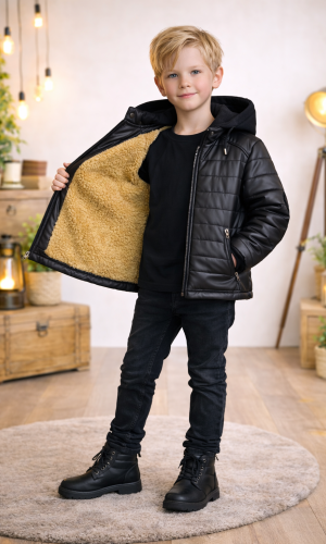 جاكيت ولادي مبطن فرو مع كبيشون 5122  - اسود