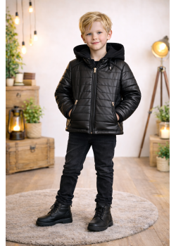 جاكيت ولادي مبطن فرو مع كبيشون 5122  - اسود