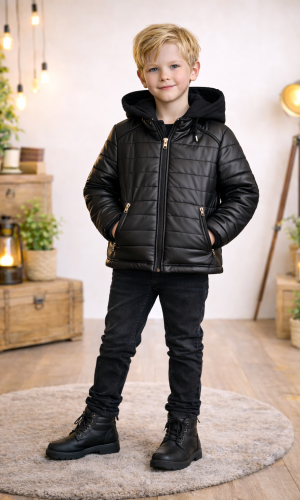 جاكيت ولادي مبطن فرو مع كبيشون 5122  - اسود