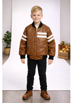 جاكيت جلد صبياني مبطن فرو 5123  - عسلي