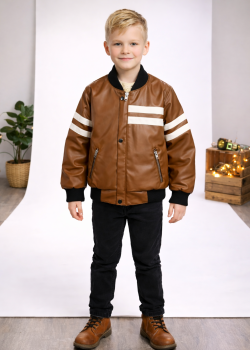 جاكيت جلد صبياني مبطن فرو 5123  - عسلي