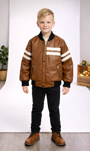 Jungen Lederjacke mit Fellfutter 5123  - Cognac