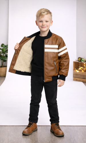 Jungen Lederjacke mit Fellfutter 5123  - Cognac