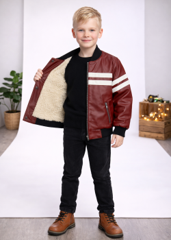 جاكيت جلد صبياني مبطن فرو 5123  - خمري