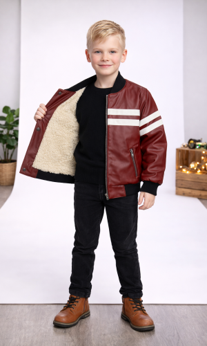 جاكيت جلد صبياني مبطن فرو 5123  - خمري