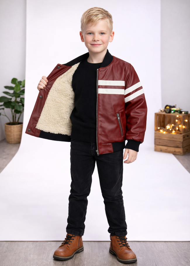 5123 جاكيت جلد خط ابيض  - burgundy