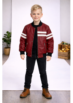 جاكيت جلد صبياني مبطن فرو 5123  - خمري