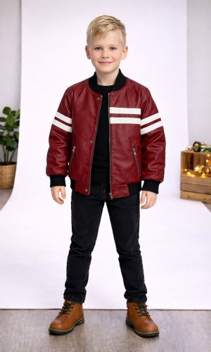 جاكيت جلد صبياني مبطن فرو 5123  - خمري