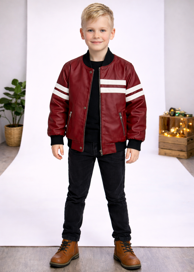 5123 جاكيت جلد خط ابيض  - burgundy