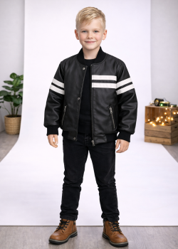جاكيت جلد صبياني مبطن فرو 5123  - اسود
