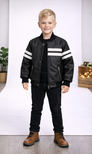 جاكيت جلد صبياني مبطن فرو 5123  - اسود
