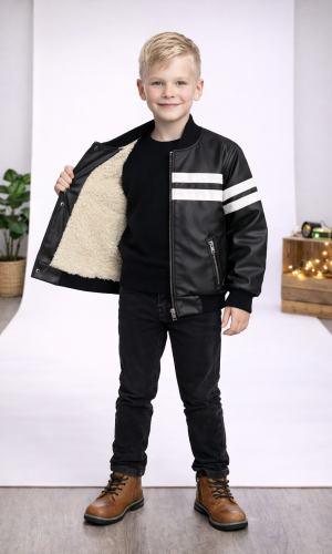 جاكيت جلد صبياني مبطن فرو 5123  - اسود