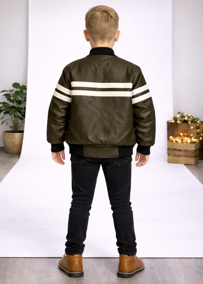 5123 جاكيت جلد خط ابيض  - زيتي