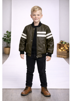 جاكيت جلد صبياني مبطن فرو 5123  - زيتي