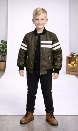 Jungen Lederjacke mit Fellfutter 5123  - Khaki
