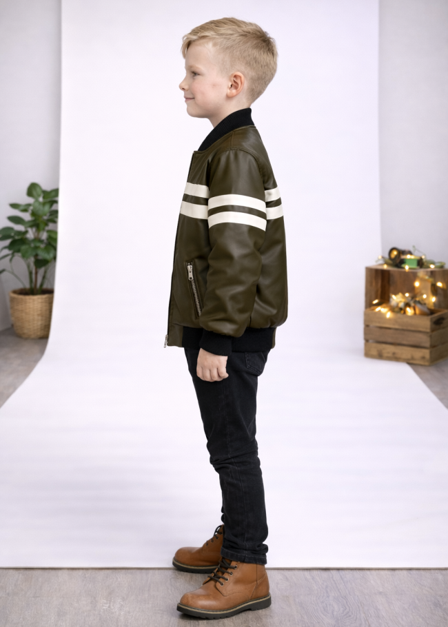 5123 جاكيت جلد خط ابيض  - زيتي