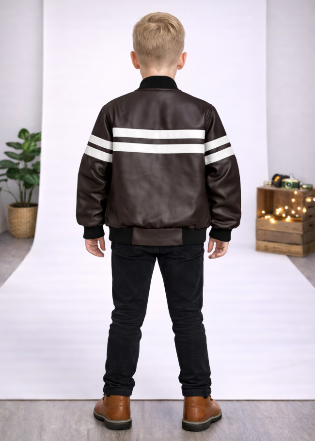 5123 جاكيت جلد خط ابيض  - بني