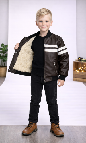 جاكيت جلد صبياني مبطن فرو 5123  - بني