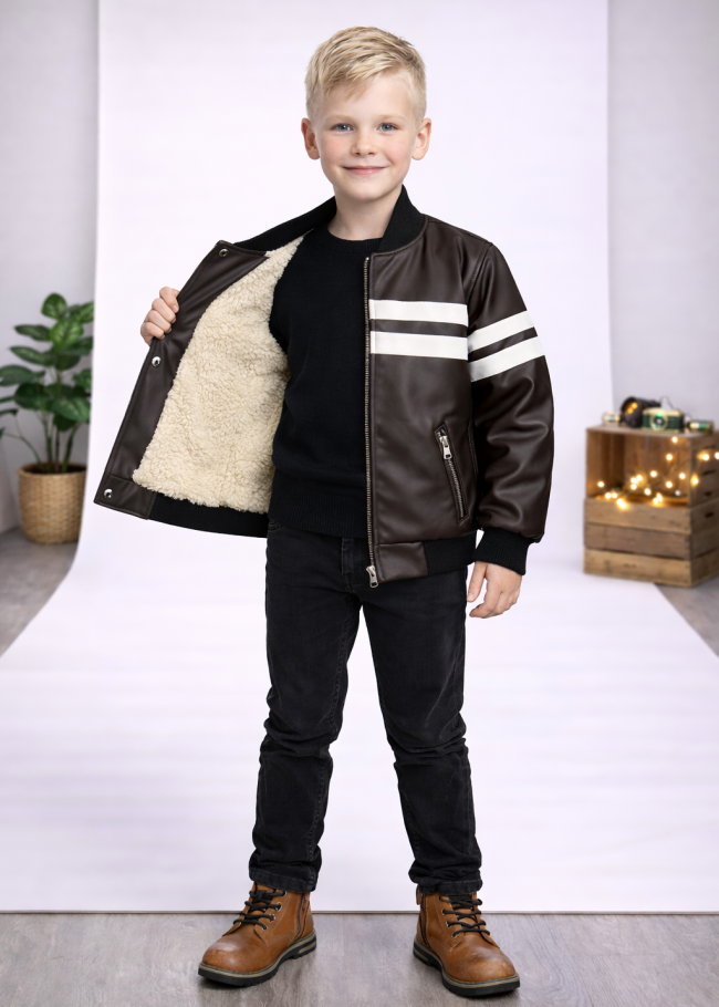 5123 جاكيت جلد خط ابيض  - بني