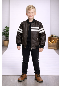 جاكيت جلد صبياني مبطن فرو 5123  - بني