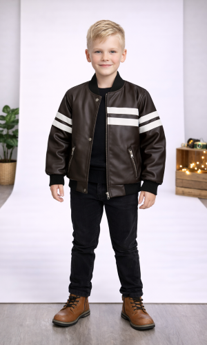 جاكيت جلد صبياني مبطن فرو 5123  - بني