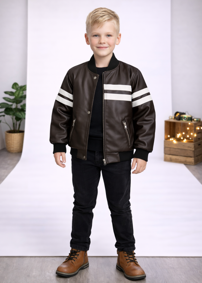 5123 جاكيت جلد خط ابيض  - بني