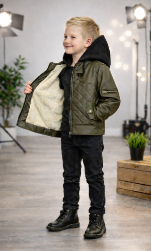 Boys' Fur-Lined Jacket with Hood 5124  - khaki