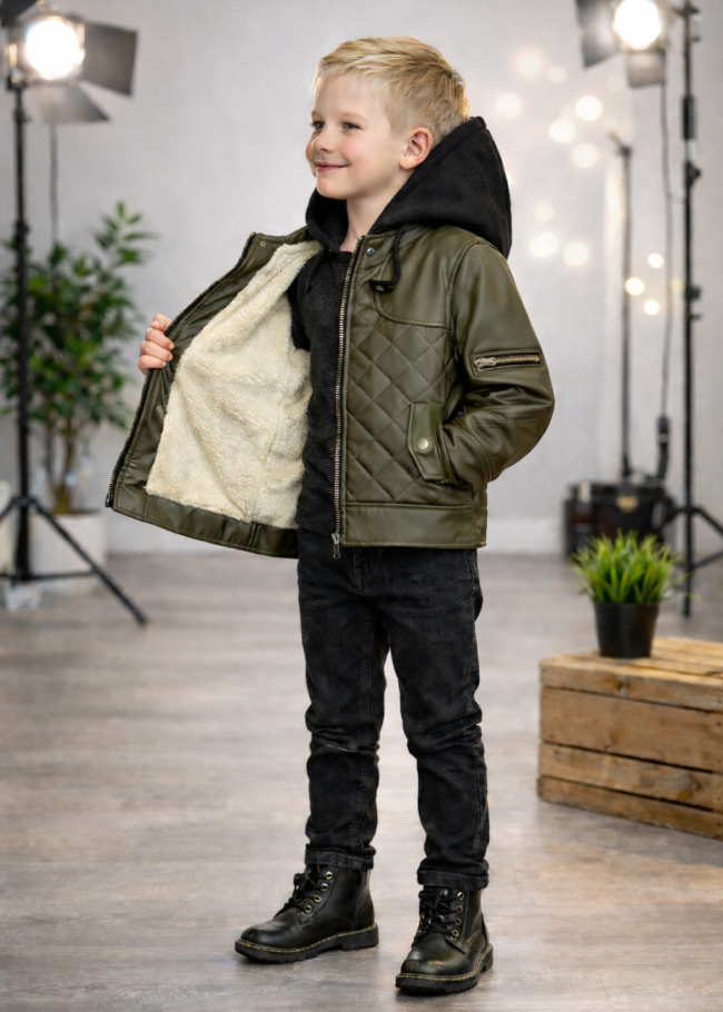 5124 جاكيت جلد مثلثات  - زيتي